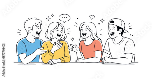 Joyful Friends Gathering. Shared laughter scene. Friends enjoying time together, smiling and reacting to each other. Easygoing happiness and friendly