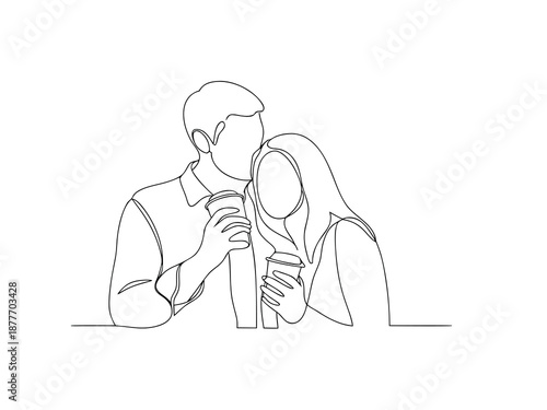 Man kissing woman's forehead holding coffee cups on white background