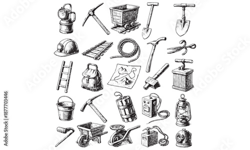 Construction Tools Icons Set Hammer Shovel Drill Wheelbarrow Vector Illustration