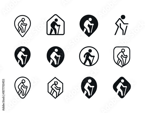 Senior Fitness Icons. Sports and fitness for seniors and elderly. Icon set. Set Logo of sports and fitness for seniors and elderly: guided walking path marker.