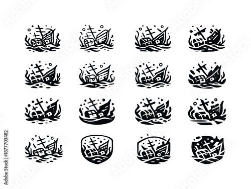 Sunken Ship Icons. sunken ships. Icon set. Set Logo of sunken ships: treasure chest outline. harmonious logo variations of the same emblematic concept, each