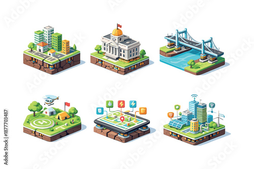 Resilient City Blueprint. Resilient urban planning. Isometric flat vector icons set of Resilient urban planning: earthquake-safe city layout, reinforced public