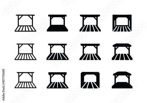 Wooden Deck Logo Variations. A wooden deck. Icon set. Set Logo of a wooden deck: outdoor deck pergola. harmonious logo variations of the same emblematic