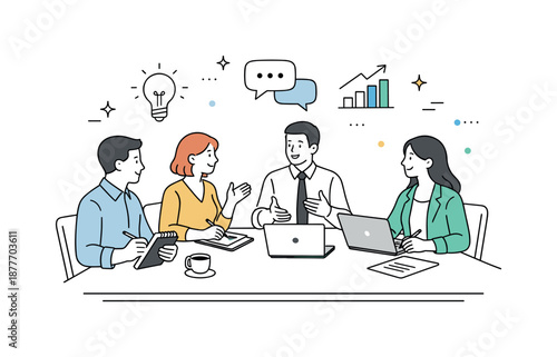 Collaborative Business Discussion. Business meeting. Professionals sitting around a table, calmly discussing ideas and sharing notes. Friendly collaboration