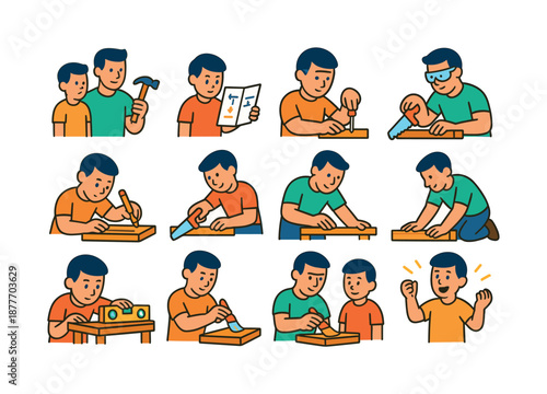 Learning Through Practice. Learning By Doing. Colorful flat vector icons set of Learning By Doing: father demonstrating, son observing, step-by-step