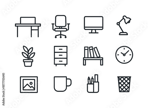 Office Icons Set. Office Interior. Line icon set of Office Interior: office desk, swivel chair, computer monitor, desk lamp, potted plant, filing cabinet,