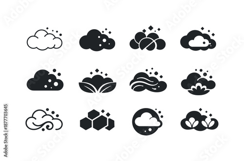 Spring Allergy Icons. Spring allergies. Icon set. Set Logo of spring allergies: pollen cloud. harmonious logo variations: Minimal outline, Filled silhouette,