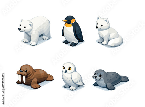 Arctic Animal Icons. Arctic Animals. Isometric flat vector icons set of arctic animals: polar bear, penguin, arctic fox, walrus, snowy owl, seal. Arrange all