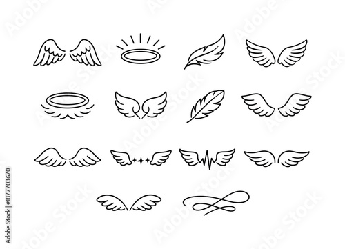 Angel Wings Icons. Angel wings. Line icon set of angel wings: soft curved wing, highlight aura, drifting plume, delicate wing fan, floating halo curve, airy