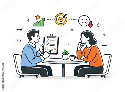 Performance Review Illustration. Manager and employee performance review. One-on-one discussion with checklist and progress icons, thoughtful mood