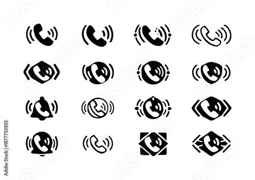 Unexpected Call Icons. unexpected phone call. Icon set. Set Logo of unexpected phone call: vibration waves. harmonious logo variations of the same emblematic