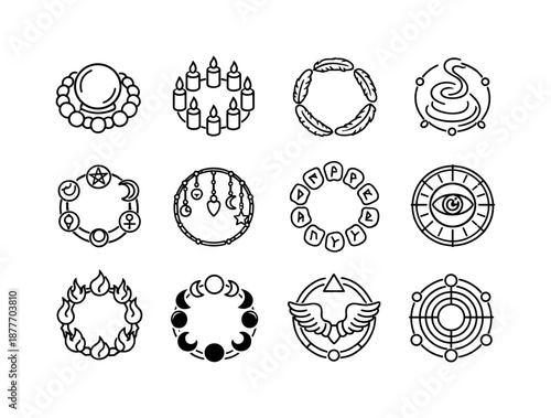 Mystical Circle Icons. Sacred circle. Line icon set of mystical circle objects: crystal sphere ring, candle circle, feather ring, incense swirl, amulet circle,