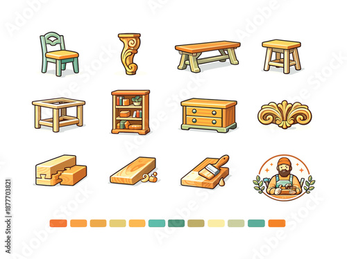 Handcrafted Furniture Icons. Handcrafted Furniture. Colorful flat vector icons set of Handcrafted Furniture: handmade chair, carved leg, wooden bench, small