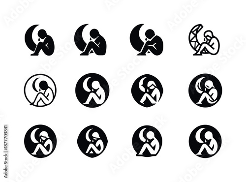 Crying in Darkness Icons. Crying alone in darkness. Icon set. Set Logo of crying alone in darkness: dim moon symbol. harmonious logo variations of the same
