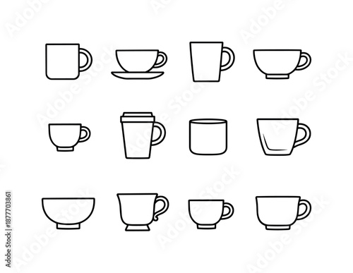Cup Silhouettes Collection. Cup silhouettes. Line icon set of Cup silhouettes: mug shape, teacup shape, tall cup, wide cup, espresso cup, travel mug,