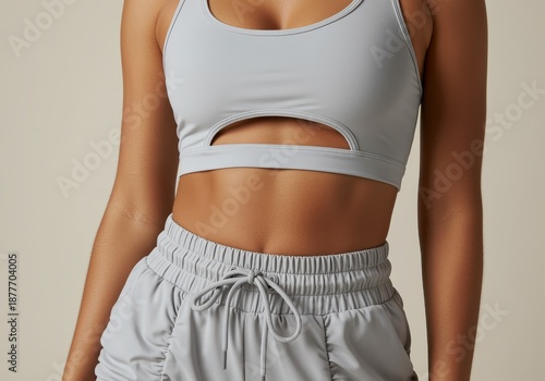 Fitness Model Posing with Hands on Hips Showing Toned Abdominal Muscles