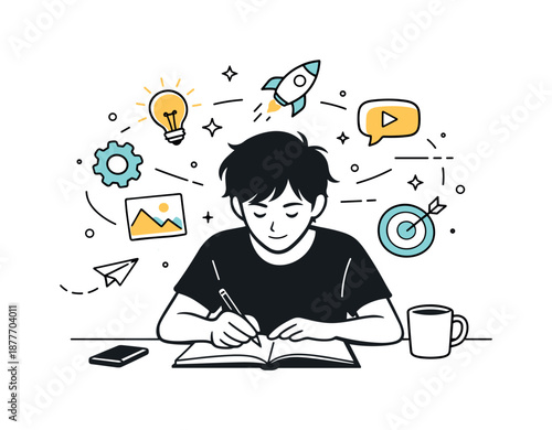 Creative Immersion. Creative flow state. Person deeply engaged in work as ideas appear as abstract icons around the head. Sense of immersion, clarity, and