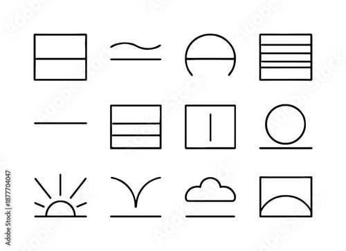 Sky Gradient Icons. Sky gradients. Line icon set of Sky gradients: soft horizon, wave cloud, sky arc, layered sunset, bright morning band, twilight fade,