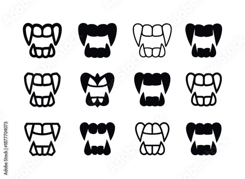 Vampire Fangs Logos. Costume party outfit. Icon set. Set Logo of costume party outfit: vampire fangs. harmonious logo variations of the same emblematic
