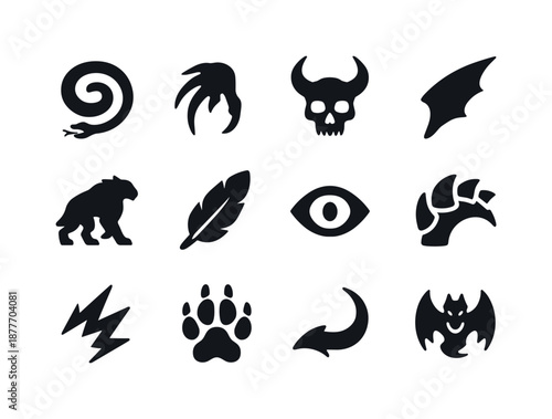 Legendary Beast Icons. Legendary beasts. Solid icon set of Legendary beasts: serpent coil, giant claw, horned skull, wing shard, beast silhouette, ancient