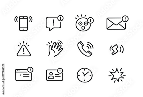 Surprise Communication Icons. Surprise communication. Line icon set of surprise communication: ringing device, notification bubble, shocked face icon, message