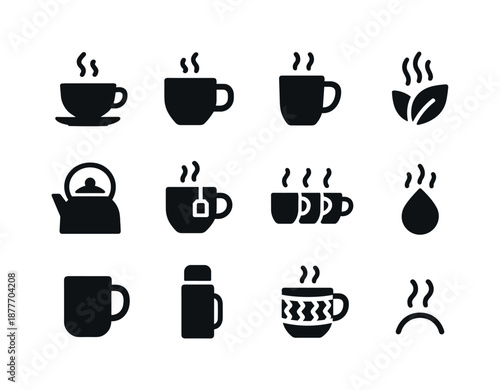 Warm Beverage Icons. Warm beverages. Solid icon set of warm beverages: tea cup, cocoa mug, latte mug, herbal steam, kettle icon, cup with sachet, steam trio,