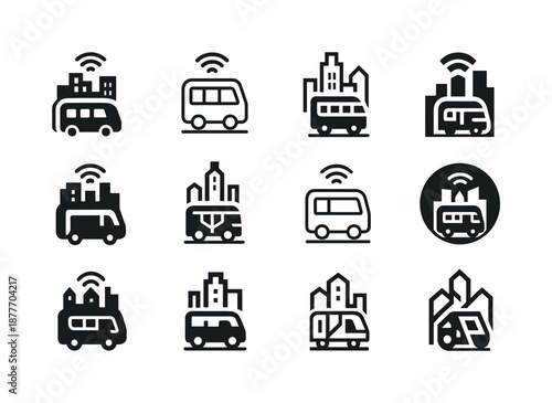 Smart City Icon Set. smart city developments. Icon set. Set Logo of smart city developments: autonomous public transit. harmonious logo variations of the same