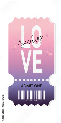 Valentine's Day ticket template with text and hearts on gradient background. Vector design