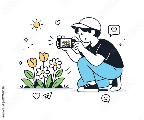 Spring Photography Moment. Social media spring illustration. A character taking a photo of flowers with a smartphone, capturing spring moments for sharing.