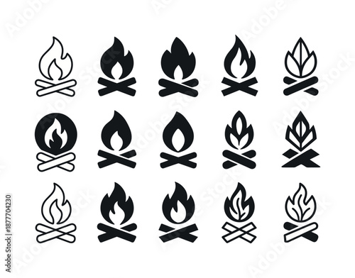 Campfire Logo Collection. Bonfires and outdoor gatherings. Icon set. Set Logo of bonfires and outdoor gatherings: campfire flames. harmonious logo variations