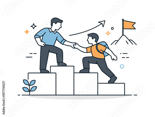 Empowering Leadership Illustration. Empowering leadership. A leader helping a teammate step upward or reach a goal icon. The illustration highlights growth,