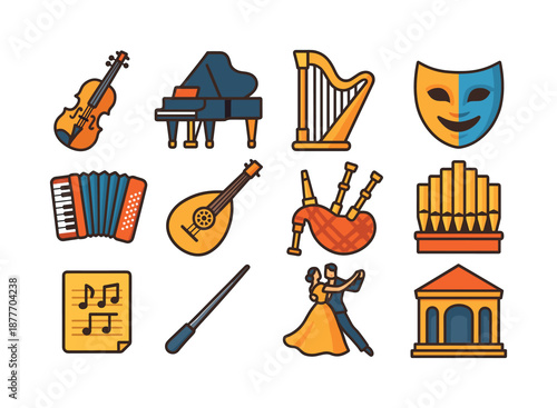 European Music Icons. European music heritage. Colorful flat vector icons set of European music heritage: violin, classical piano, harp, opera mask, accordion,