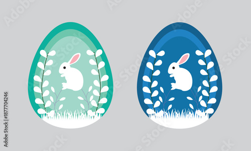 Beautiful layered paper cut style Easter eggs featuring cute white rabbits, pussy willow branches, and fresh spring grass design.