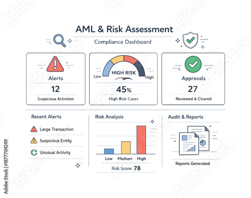 Compliance Dashboard Design. AML and risk assessment. A compliance dashboard displaying alerts, risk levels, and approval marks. Proactive monitoring and