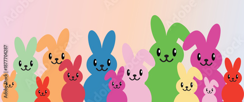 Cute vector illustration of a large, happy Easter bunny family group smiling brightly in a vibrant rainbow color palette banner design.