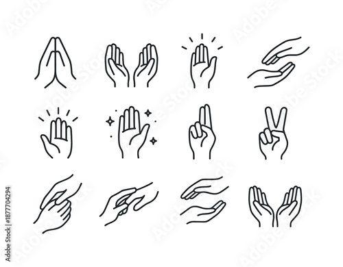 Healing Gesture Icons. Healing gestures. Line icon set of Healing gestures: hands in prayer, cupped hands, hand with light, touching hand, palm radiating, hand