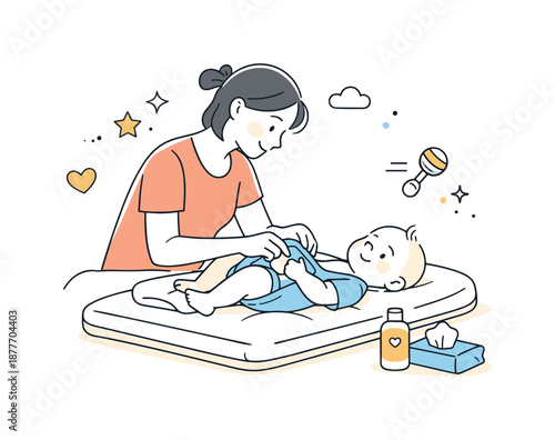 Gentle Baby Care. Mother and baby care routine. Mother changing or dressing the baby with gentle movements and attention. Daily childcare and loving