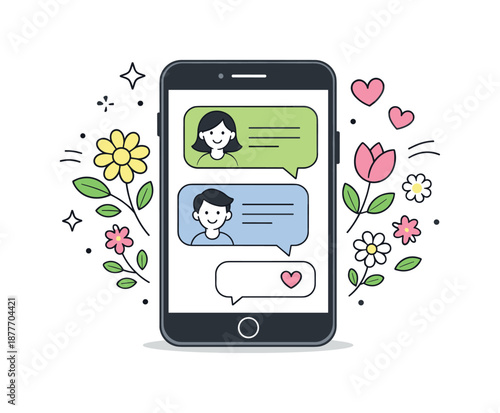 Spring Social Media. Social media spring illustration. A phone screen showing chat bubbles mixed with blooming flowers and small hearts. Friendly interaction,