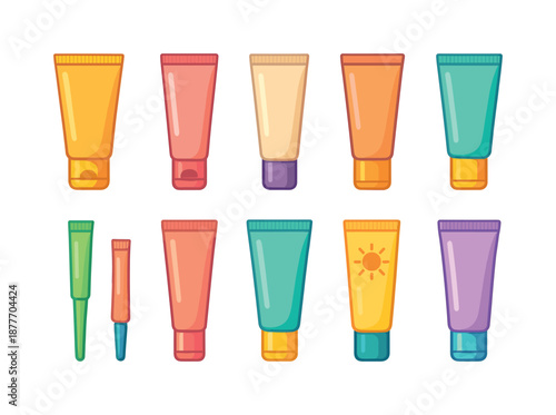 Vibrant Cosmetic Tubes. Cosmetic tubes. Colorful flat vector icons set of Cosmetic tubes: lotion tube, cream squeeze tube, tinted moisturizer tube, matte