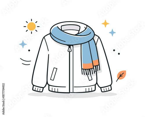 Elegant Jacket & Scarf. Light jacket and scarf vectors. Clean editorial illustration featuring a lightweight jacket paired with a soft scarf, calm seasonal