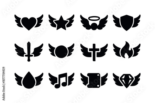 Black Angel Wing Icons. Angel wing symbols. Solid icon set of angel wing symbols: heart with wings, star with wings, halo with wings, shield with wings, sword