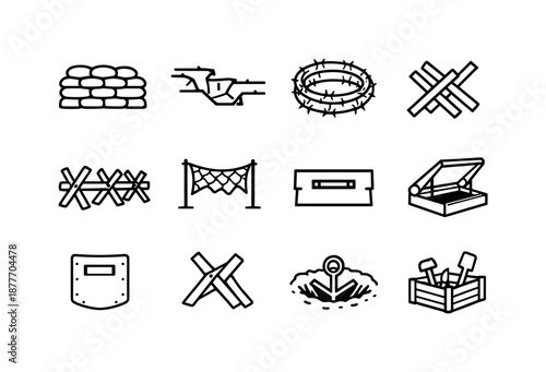 Field Fortification Icons. Field fortifications. Line icon set of Field fortifications: sandbag wall, trench outline, barbed wire coil, wooden