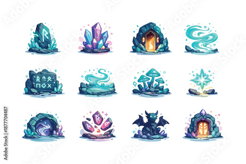 Mystical Cavern Icons. Mystical caverns. Colorful flat vector icons set of mystical caverns: glowing rune stone, enchanted crystal, mysterious doorway,