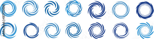 Abstract blue spiral swirl logo collection. Six modern circular vector symbols with dynamic motion for branding and visual identity.eps