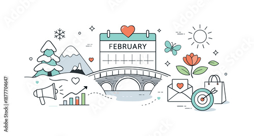 Seasonal Marketing Illustration. Winter-to-Spring Marketing Transition. A minimal scene combining winter shapes with subtle heart accents and marketing icons,