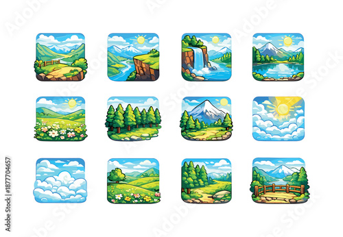 Colorful Scenic Icons. Scenic views. Colorful isometric vector icons set of scenic views: valley overlook, cliff edge, waterfall, lake reflection, flower