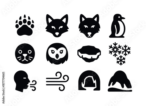Cold Climate Icons. Cold climate creatures. Solid icon set of cold climate creatures: polar bear paw, arctic fox head, snow wolf, penguin standing, seal head,