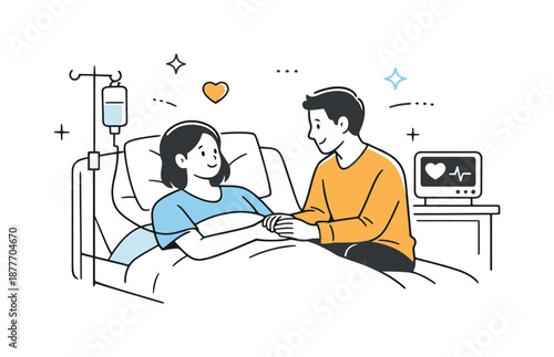 Family Support Visit. Hospital visit family support. Family member accompanying a patient, gentle gestures and calm expressions. Feeling of care, support, and