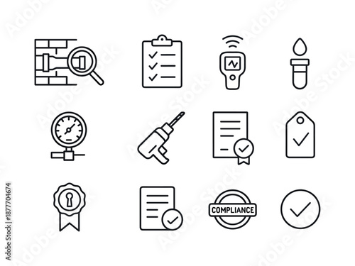 Pipe Routing Icons. In-wall pipe routing diagram. Line icon set of inspection & quality check: magnifying glass over pipe, checklist clipboard, leak detector,
