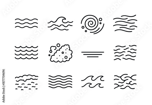 Water Texture Icons. Riptides. Line icon set of water surface textures: ripple pattern, foam crest, swirl bubble cluster, streaked current lines, wavelet